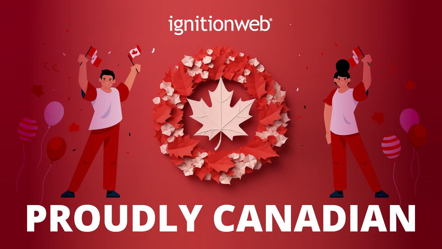 A maple leaf at the center of a Canadian-style wreath, with a man and woman proudly waving Canadian flags on either side, symbolizing that they are proudly Canadian.
